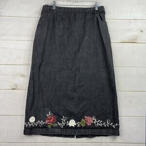 Vtg Denim & Co Maxi Skirt Sz 1X Black Cottagecore Floral Embroidered 90’s Y2K